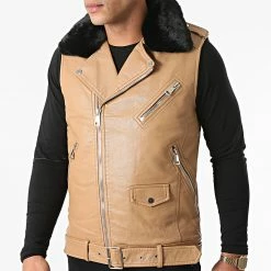 Offres ✨ Veste Biker Sans Manches A Col Fourrure M2105 Camel de John H 🤩 -John H Soldes john h 281656 M2105 CAMEL FUR BLACK 20210827T164151 03