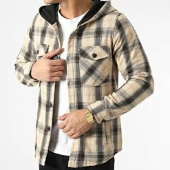 Meilleure affaire ✨ Surchemise Capuche A Carreaux 3114 Camel Clair Noir de John H 💯