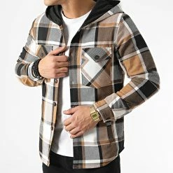 Sortie 🧨 Surchemise Capuche A Carreaux 3112 Camel Blanc de John H 🤩