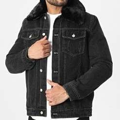 Coupon 🎉 Veste Jean A Col Fourrure M2106 Noir de John H 🤩