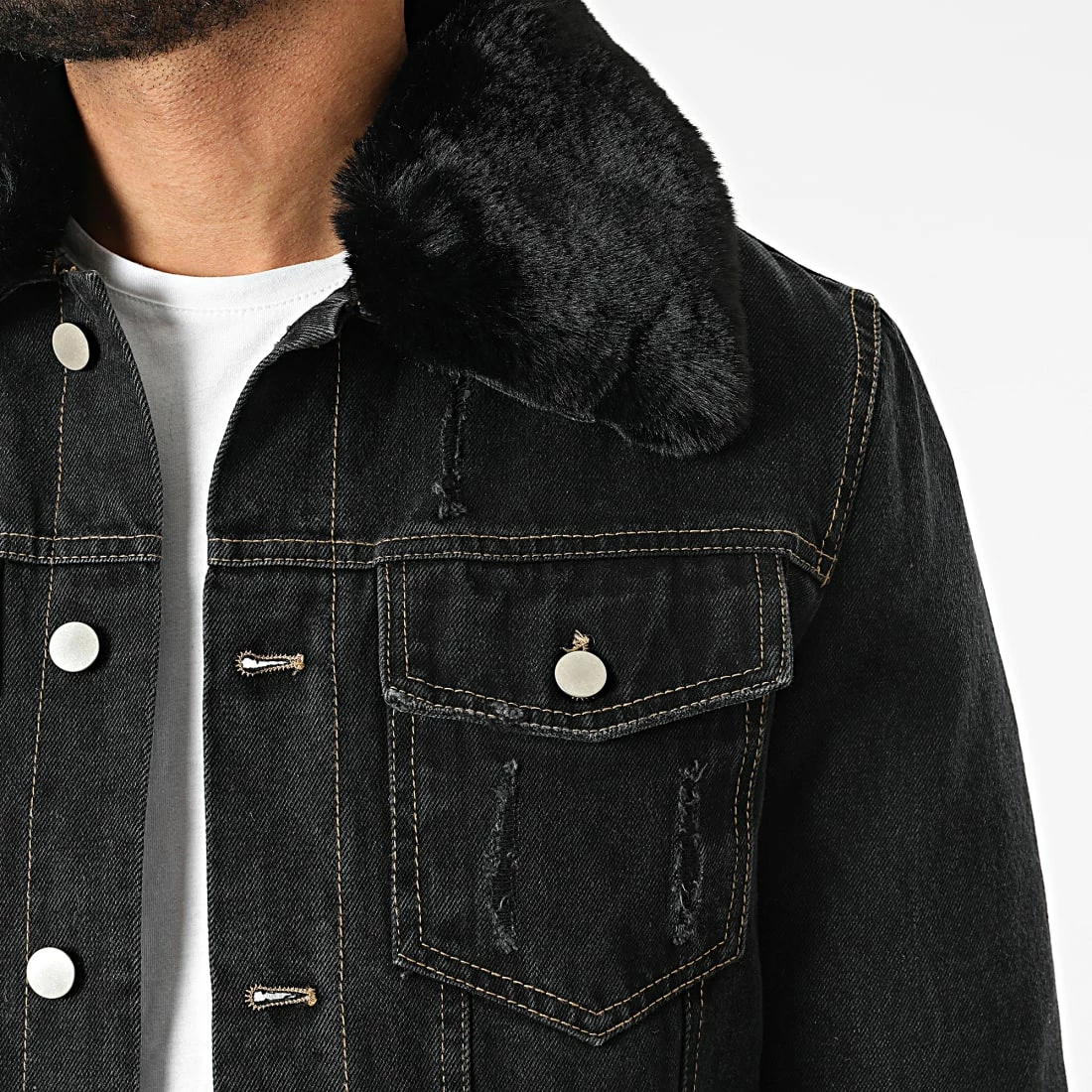 Coupon 🎉 Veste Jean A Col Fourrure M2106 Noir de John H 🤩 4 Coupon 🎉 Veste Jean A Col Fourrure M2106 Noir de John H 🤩 – Image 2