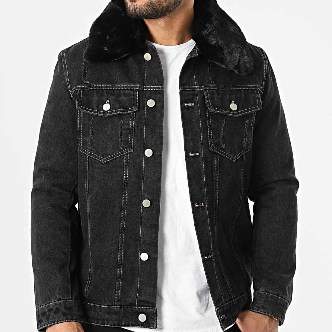 Coupon 🎉 Veste Jean A Col Fourrure M2106 Noir de John H 🤩 5 Coupon 🎉 Veste Jean A Col Fourrure M2106 Noir de John H 🤩 – Image 3
