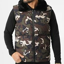 Offres 💯 Doudoune Sans Manches A Col Fourrure 8302 Vert Kaki Camouflage de John H 🤩 -John H Soldes john h 294470 8302 CAMO FOUR BLACK 20211213T111332 03