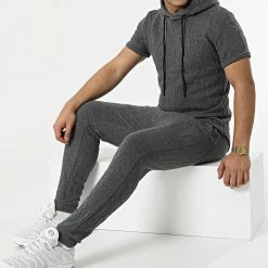 Le moins cher 🎁 Ensemble Tee 👕 Shirt Capuche Oversize Pantalon Jogging AB318 Gris Anthracite de John H 🧨