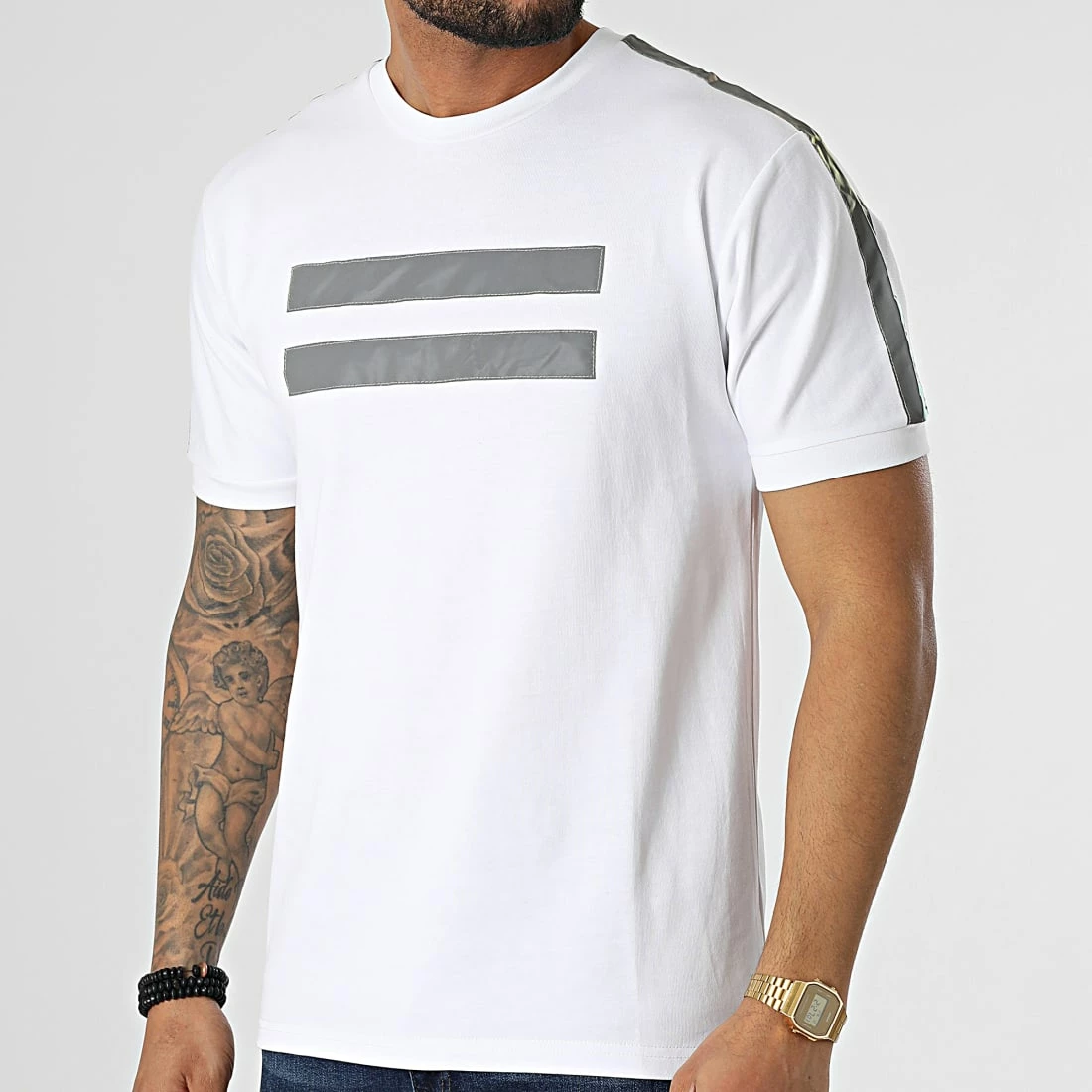 Promo ✨ Tee 👚 Shirt A Bandes XW912 Blanc Réfléchissant de John H 🛒 3 Promo ✨ Tee 👚 Shirt A Bandes XW912 Blanc Réfléchissant de John H 🛒
