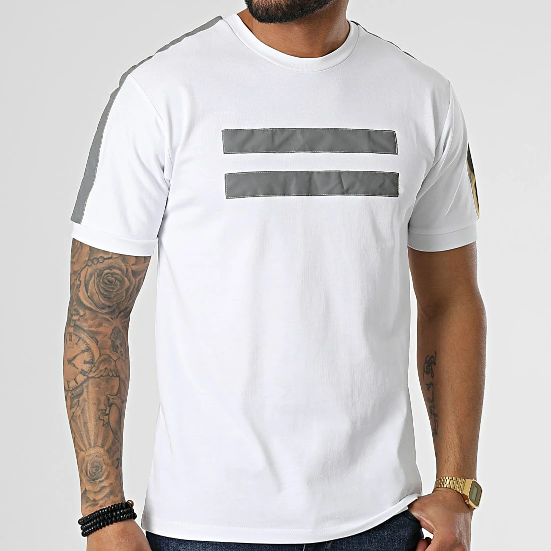 Promo ✨ Tee 👚 Shirt A Bandes XW912 Blanc Réfléchissant de John H 🛒 5 Promo ✨ Tee 👚 Shirt A Bandes XW912 Blanc Réfléchissant de John H 🛒 – Image 3