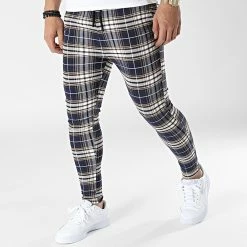 Remise 🤩 Pantalon A Carreaux P5556 Bleu Marine Beige de John H 👍
