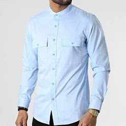 Acheter 🤩 Chemise Manches Longues Col Mao J530 Bleu Ciel de John H 👏