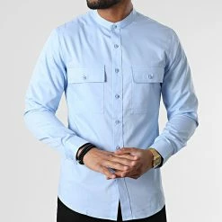 Acheter 🤩 Chemise Manches Longues Col Mao J530 Bleu Ciel de John H 👏 -John H Soldes john h 310342 J530 BLUE 20220324T155419 03