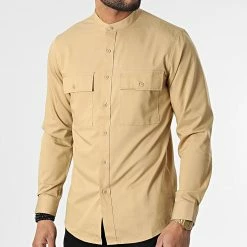 Sortie 🤩 Chemise Manches Longues Col Mao J530 Beige Foncé de John H 💯
