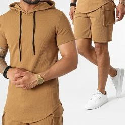 Sortie 🎁 Ensemble Tee 👚 Shirt Capuche Et Short Jogging PP64-DD64 Camel de John H ❤️