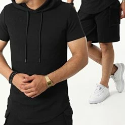 Nouveau 😀 Ensemble Tee 👕 Shirt Capuche Et Short Jogging PP64-DD64 Noir de John H ✨