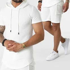 Promo 🤩 Ensemble Tee 👚 Shirt Capuche Et Short Jogging PP66-DD66 Blanc de John H 😀