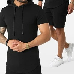 Promo 🎁 Ensemble Tee 👕 Shirt Capuche Et Short Jogging PP70-DD70 Noir de John H ❤️