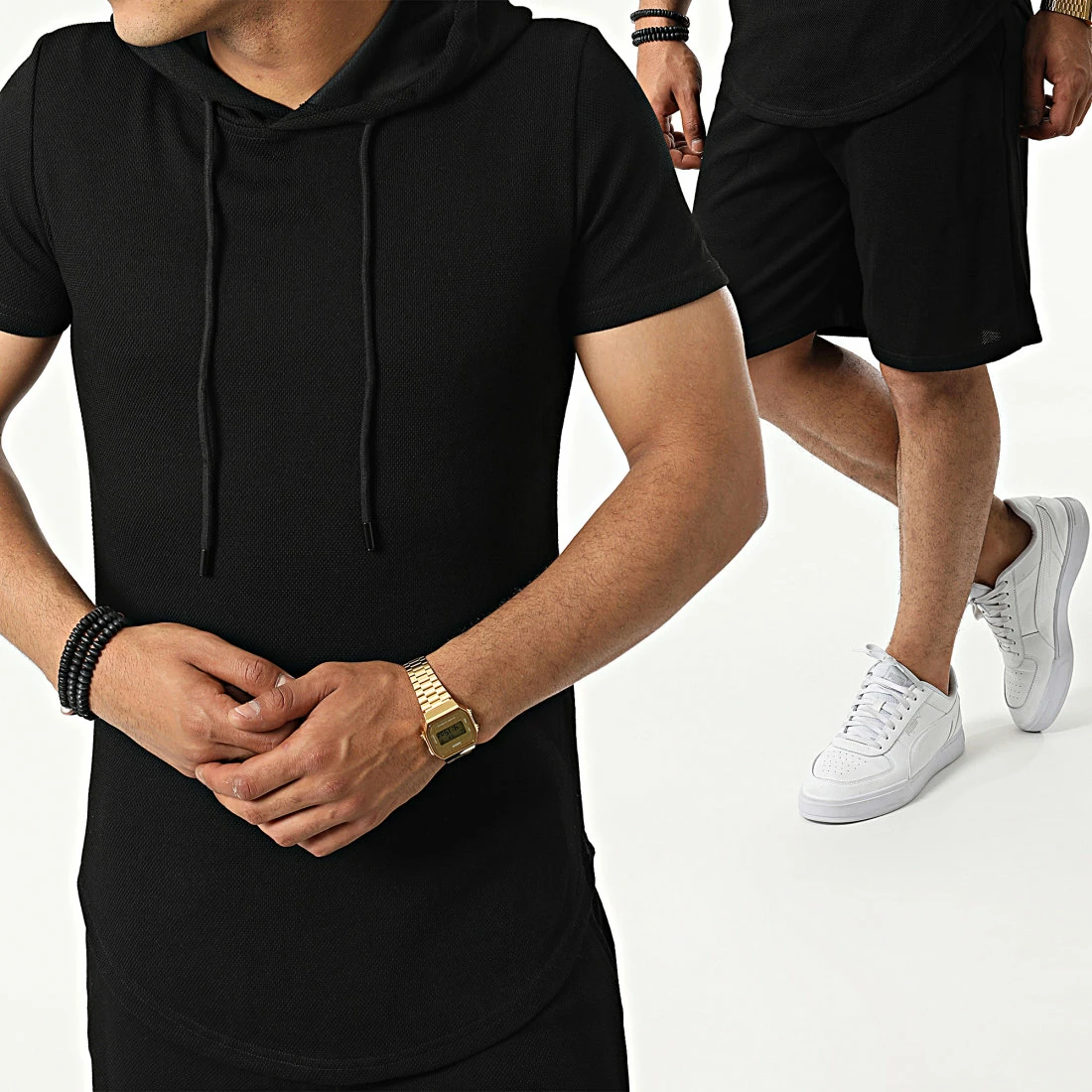 Remise ⭐ Ensemble Tee 👚 Shirt Capuche Et Short Jogging PP50-DD50 Noir de John H ⭐ 3 Remise ⭐ Ensemble Tee 👚 Shirt Capuche Et Short Jogging PP50-DD50 Noir de John H ⭐