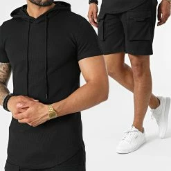 Budget 💯 Ensemble Tee 👚 Shirt Capuche Et Short Jogging PP54-DD54 Noir de John H 😀