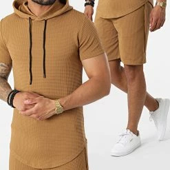 Coupon 🥰 Ensemble Tee 👕 Shirt Capuche Et Short Jogging DD73-PP73 Camel de John H 👏