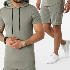 Grosses soldes 😀 Ensemble Tee 👚 Shirt Capuche Et Short Jogging DD58-PP58 Vert Kaki de John H 🎉