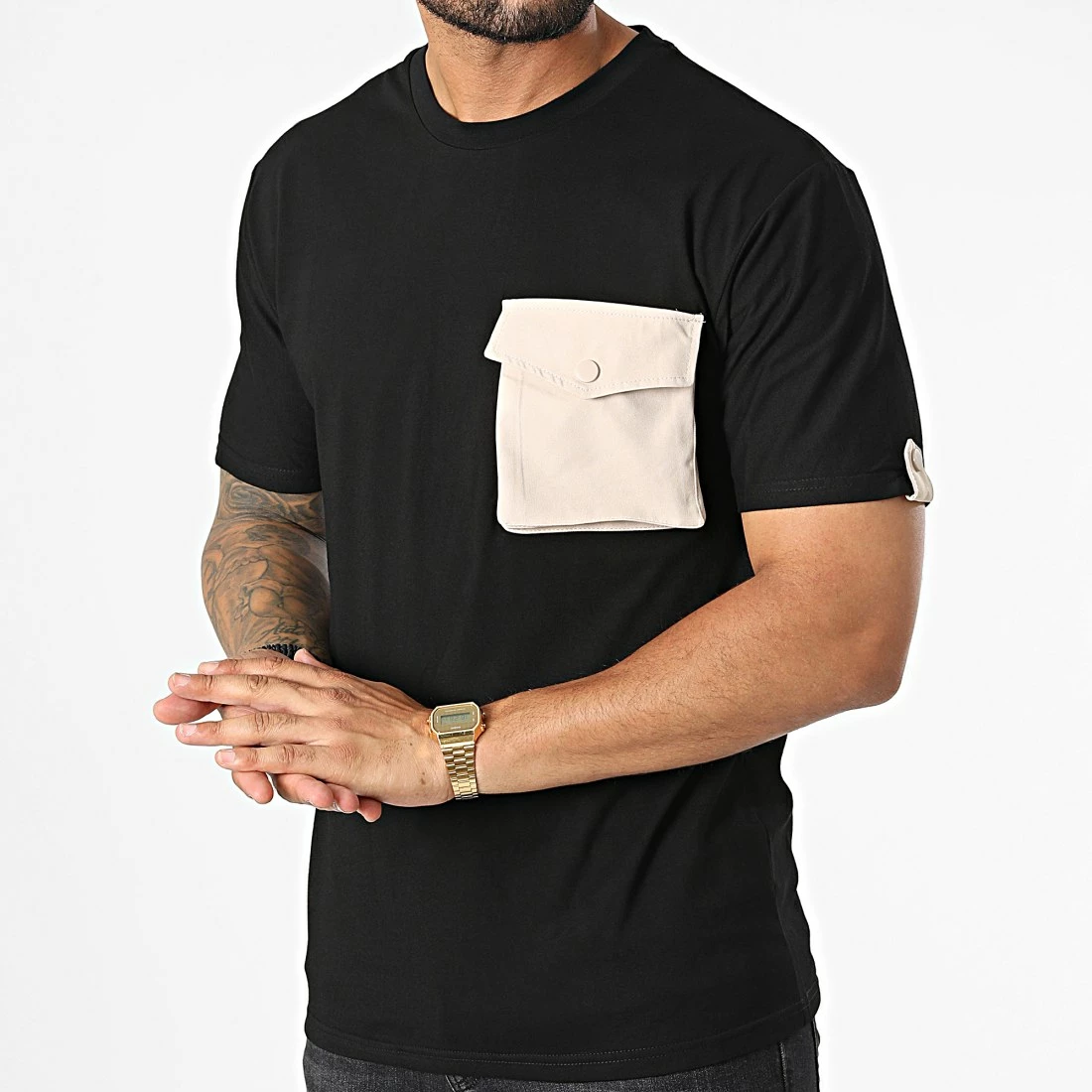 Meilleure affaire ✔️ Tee 👕 Shirt Poche T8814 Noir Beige de John H 💯 5 Meilleure affaire ✔️ Tee 👕 Shirt Poche T8814 Noir Beige de John H 💯 – Image 3