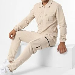 Vente flash 🎁 Ensemble Veste Zippée Et Pantalon Cargo AB361 Beige Foncé de John H ✔️