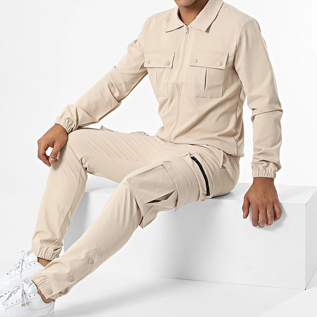 Vente flash 🎁 Ensemble Veste Zippée Et Pantalon Cargo AB361 Beige Foncé de John H ✔️ 3 Vente flash 🎁 Ensemble Veste Zippée Et Pantalon Cargo AB361 Beige Foncé de John H ✔️